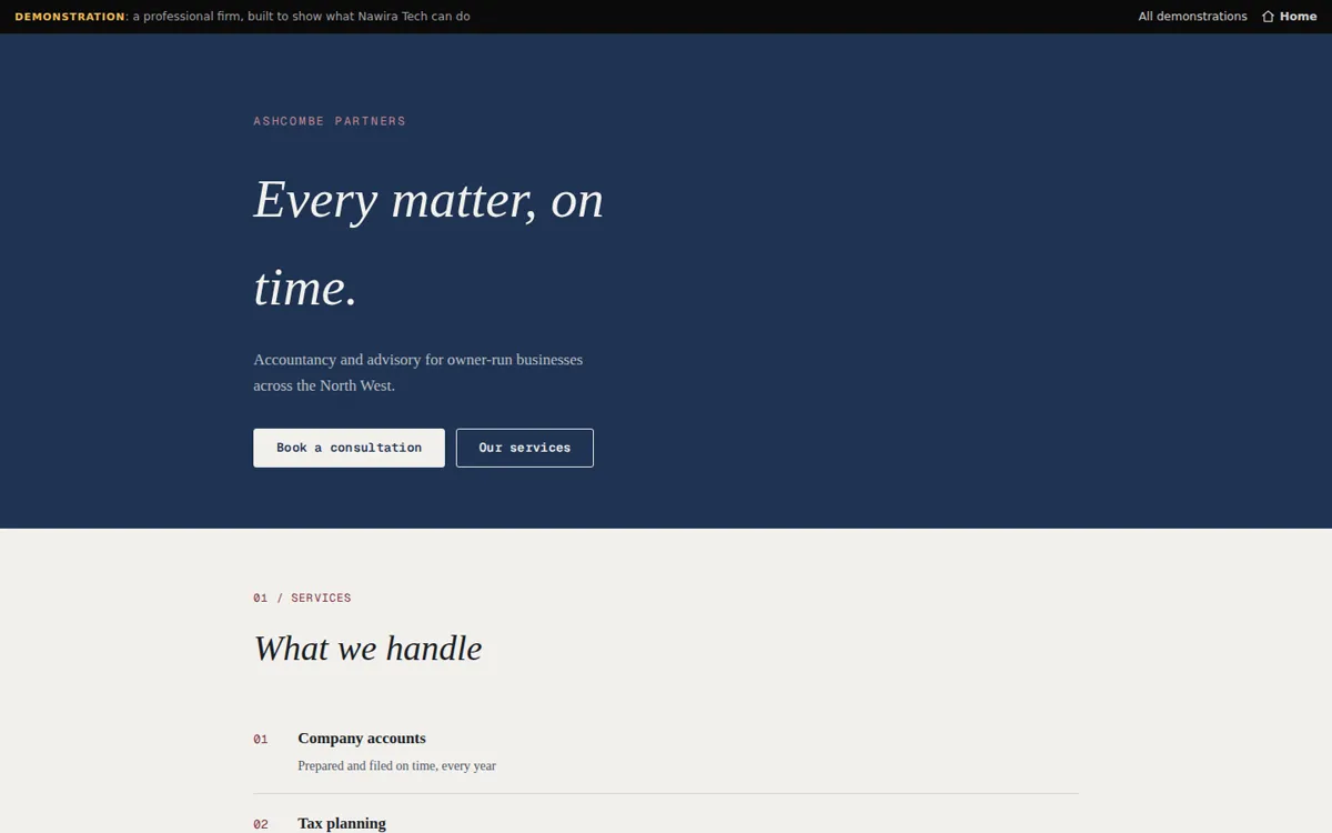 The Ashcombe Partners demonstration site: an accountancy firm's services page