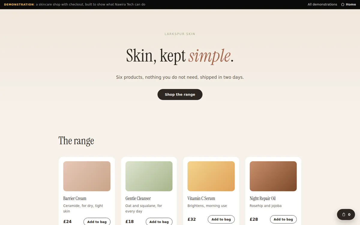 The Larkspur Skin demonstration shop: a skincare range with a basket and checkout