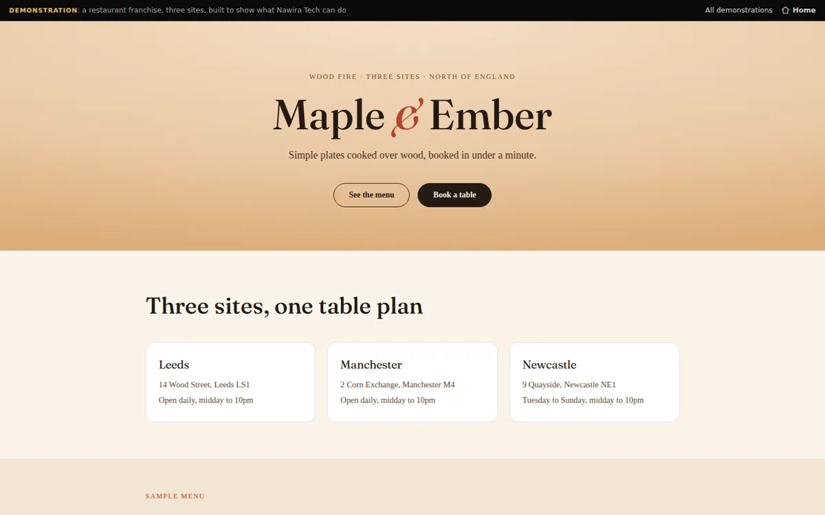 The Maple and Ember demonstration site: a wood-fired restaurant group with three sites