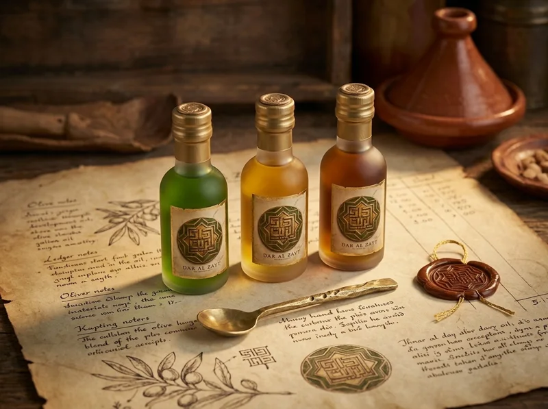 Dar Al Zayt olive oil bottles on an old handwritten ledger